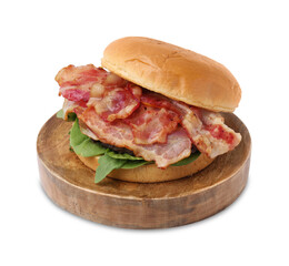 Delicious burger with bacon and greens isolated on white