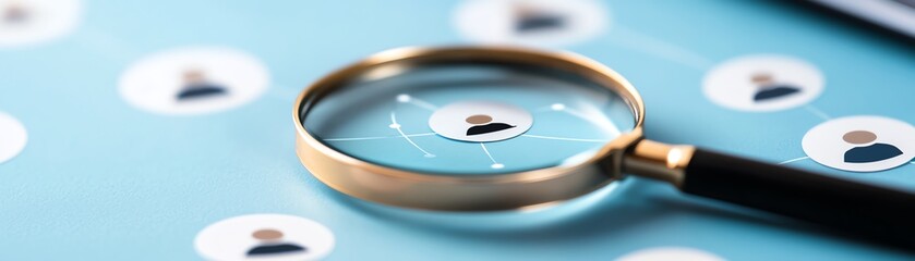 A magnifying glass focused on a digital network of user icons, symbolizing analysis, search, and connection in modern communication.