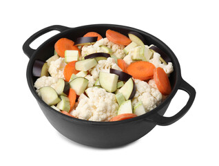 Cooking stew. Cut raw vegetables in pot isolated on white