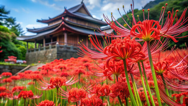red lycoris flower on the background of a Japanese traditional temple, spider lily, Higan, autumn, holiday, festival, symbol of death, Obon, All Souls' Day, Asia, east, oriental, August, Japan