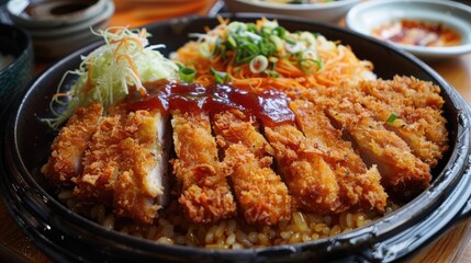 Fototapeta premium Harekatsu pork cutlet shrimp cutlet kimchi fried rice kimchi cheese katsu udon roskatsu fish cutlet side dish sauce cabbage food meal dinner dish meat rice cooking cuisine pan