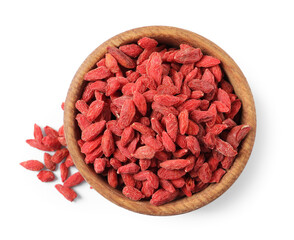 Dried goji berries in bowl isolated on white, top view