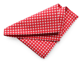 Red checkered picnic tablecloth isolated on white, top view