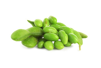 Raw green edamame soybeans and pods isolated on white