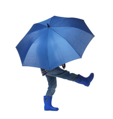 Little boy with blue umbrella on white background