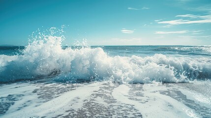 Powerful ocean waves crashing on the shore creating a dramatic seascape with foamy white crests under a clear blue sky