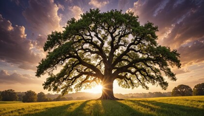 Majestic Oak Tree at Sunset.