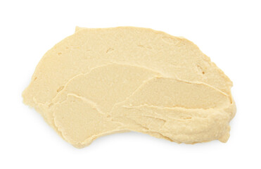 Sample of delicious hummus isolated on white, top view