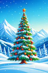 Fototapeta premium A vibrant, colorful Christmas tree with red ornaments and a golden star on top stands against a backdrop of snow-covered mountains under a clear blue sky.