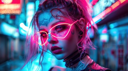 Futuristic Cyberpunk Woman with Holographic Makeup