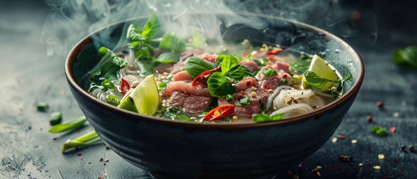 Vietnamese Pho Bo soup with beef, noodles and lemon on a dark background.
