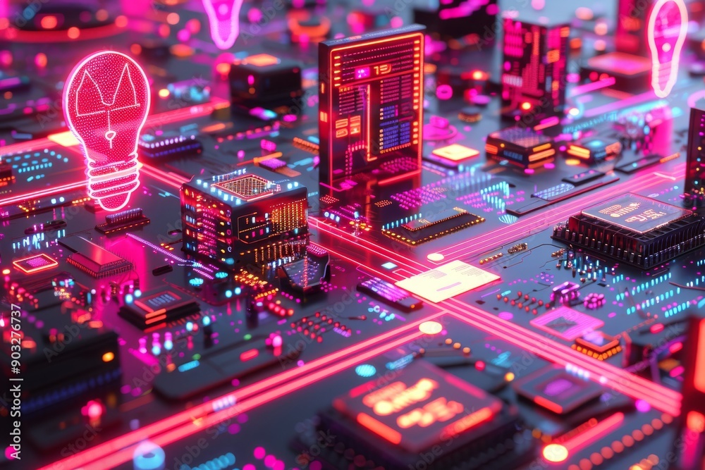 Wall mural neon light bulb on a high tech circuit board symbolizing technological innovation and connectivity i