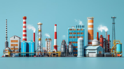 Colorful industrial factory complex with various smokestacks and buildings against a clear blue sky, illustrating modern manufacturing.
