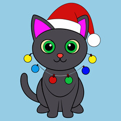 Black Cat Silhouette with Santa Hat and Christmas Lights Vector