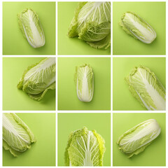 Fresh Chinese cabbage on different green background, collage