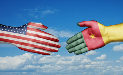 Cameroon and USA country handshaking with flags, consensus concept international co-operation illustration
