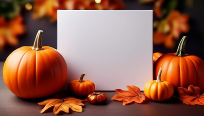 White canvas on the table side view in a festive halloween setting. Pumpkins, leaves, decorations. Autumn concept