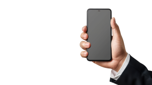 Hand holding mobile phone on transparent background