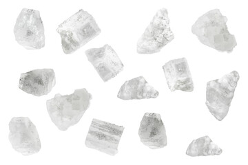 Sea salt crystals in air on white background