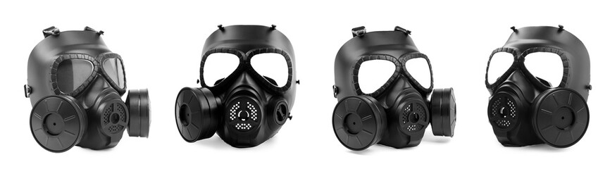 Black gas mask isolated on white, collage