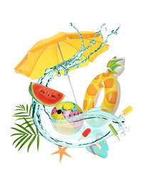 Summer creative collage with beach stuff and water splash in air on white background