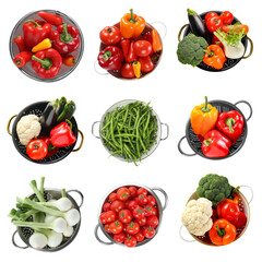 Set of colanders with fresh vegetables isolated on white, top view