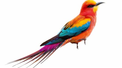 Fototapeta premium Vibrant tropical bird with long tail, isolated on a white background, bright and colorful plumage, space for copy text on the side