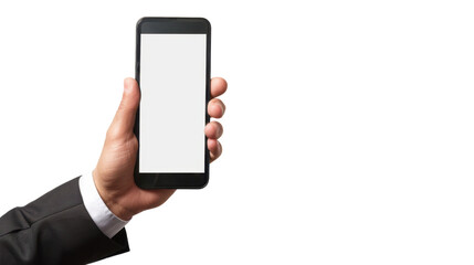 Hand holding mobile phone on transparent background