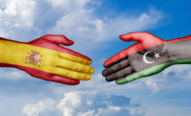 Libya and Spain country handshaking with flags, consensus concept international co-operation illustration