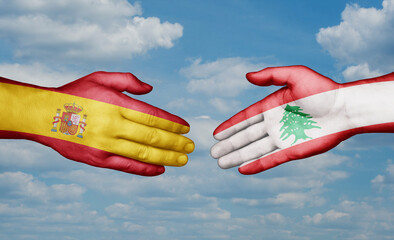 Lebanon and Spain country handshaking with flags, consensus concept international co-operation illustration