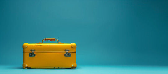 yellow suitcase in blue background. copyspace
