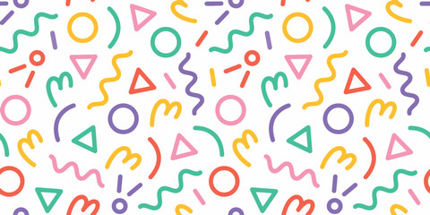 Fun colorful line doodle seamless pattern. Childish scribble shape backdrop. Creative minimalist style art background texture for children or trendy design with colorful lines shapes and dots. 