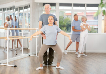 Fototapeta premium Active dancing mature pair engaged in group classes in studio perform demi plie pose in modern ballet studio