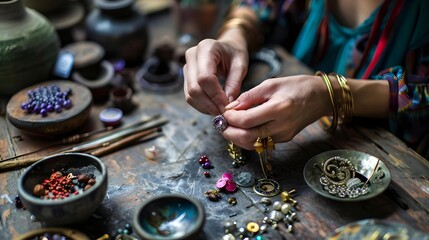 Artist creating and inspecting jewelry - Powered by Adobe