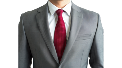 Businessman dark grey suit with red tie and white shirt on transparent background