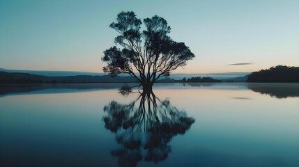 Breathtaking view of a tree in a calm blue lake