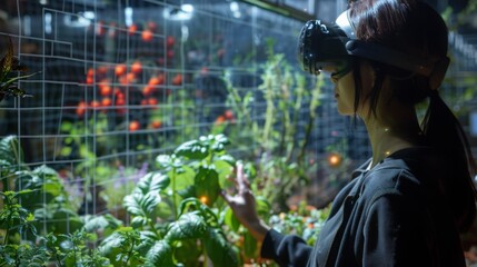 A woman wearing a VR headset interacts with a virtual environment of plants inside a greenhouse, with real plants in the foreground.