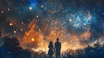 Obraz premium Family watching fireworks display at night