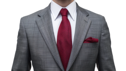 Businessman dark grey suit with red tie and white shirt on transparent background