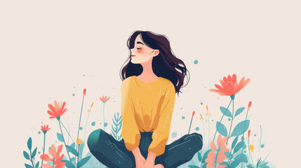 A serene illustration of a woman sitting peacefully among colorful flowers, wearing a yellow sweater and dark pants.