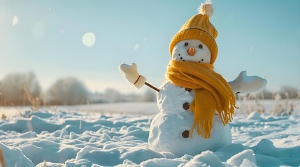 Funny snowman in stylish hat and yellow scarf