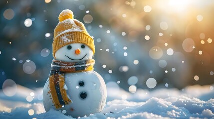 Funny snowman in stylish hat and yellow scarf