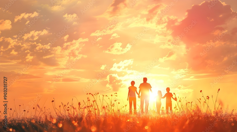 Wall mural happy family with mother, father, children, son, and daughter