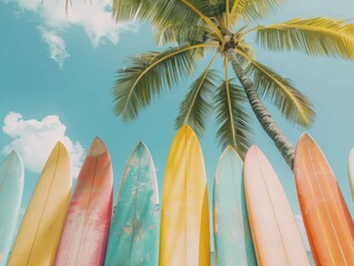 Surfboards leaned against palm tree in a beach or coastal setting
