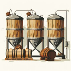 Naklejka premium Three large tanks with wooden barrels in front of them