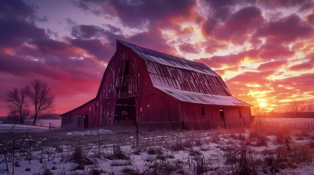 Old rustic barn at sunset in Ogle County