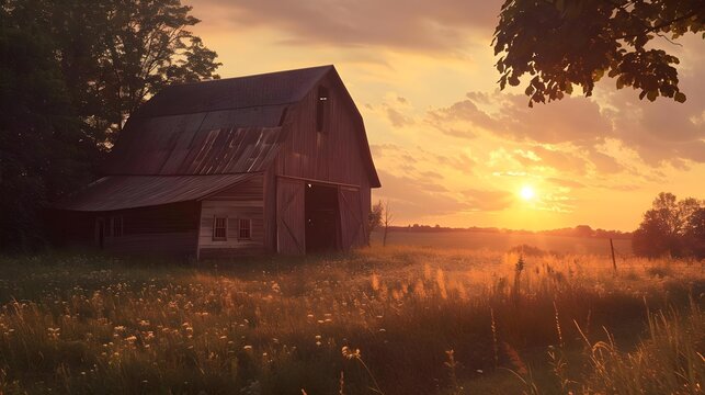 Old rustic barn at sunset in Ogle County