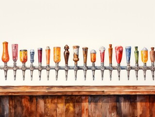 A row of beer taps with a variety of colors and shapes