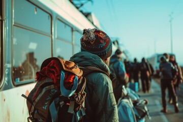 Travelers Waiting for Train Departure at Busy Station During Clear Blue Sky