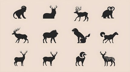 Set of modern minimalist silhouette wild animals